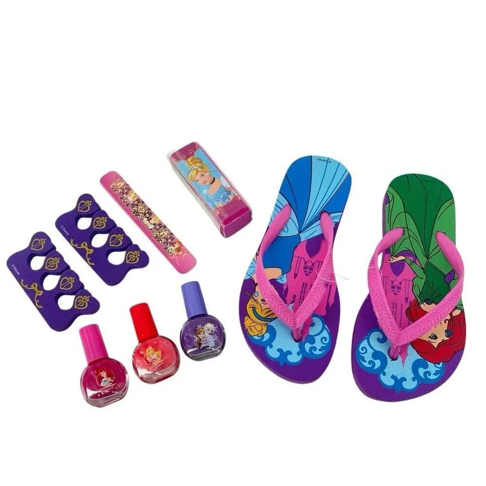 Disney Princess Spa Pedicure Set Ariel Cinderella Frozen Flip Flops Size 7 NWT